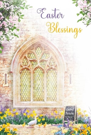 Celebrate the joy of Easter with this beautiful 'Easter Blessings' card from Nigel Quiney Publications. This charming design captures the essence of springtime and renewal, featuring a stunning church window bathed in warm light, surrounded by vibrant daffodils and purple blooms. A delightful family of geese and their adorable goslings adds a touch of playful innocence, while a sweet 'Easter Parade' sign invites cheer. Perfect for conveying heartfelt wishes, this 'Open Religious' card offers a warm and inviting message for the season. Available in a convenient pack of 6, it's an ideal addition to your seasonal greeting card selection.