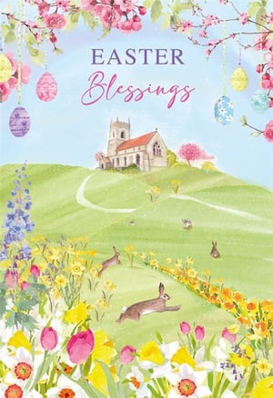 Welcome the spring season with our enchanting Open Easter cards from Nigel Quiney Publications. This beautiful design perfectly captures the spirit of Easter, showcasing a serene church set amidst rolling green hills. Delicate cherry blossoms and charming hanging decorated eggs frame the top, while a vibrant array of daffodils, tulips, and other spring flowers fills the foreground. Playful rabbits can be seen hopping through the sun-drenched fields, adding a touch of whimsy. With its heartfelt "EASTER Blessings" message, this card is ideal for sharing warm wishes. Available in a convenient pack of 6, it's a must-have for your seasonal collection.