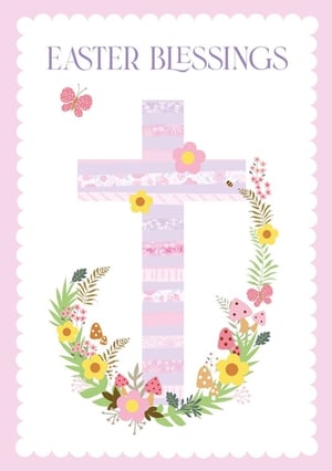 Celebrate the joy of Easter with our delightful 'Open Religious' card, perfect for spreading warmth and blessings. This charming design features a beautifully decorated cross, adorned with an array of pastel patterns, evoking a sense of gentle spring renewal.

Encircling the cross is a vibrant floral wreath, bursting with cheerful yellow and soft pink blooms, lush green foliage, whimsical mushrooms, and delicate butterflies. The 'EASTER BLESSINGS' message is elegantly presented, making this card ideal for conveying heartfelt wishes during the season.

With its sweet, illustrative style and soothing colour palette, this card from Nigel Quiney Publications is sure to be a popular choice for your customers. Each pack contains 6 cards, ready to bring a touch of spring cheer to any display.