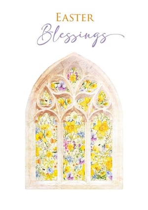 Bring the beauty of spring and the spirit of Easter to your customers with this exquisite 'Open Religious' card from Nigel Quiney Publications. Featuring a stunning watercolour illustration of a gothic-style window, its panes are filled with a vibrant tapestry of blooming daffodils, pansies, and other delightful spring flowers. The elegant 'EASTER Blessings' message, rendered in a charming script, perfectly complements the serene and hopeful design. This card offers a beautiful way for your customers to share warm wishes and blessings during the Easter season. Each pack contains 6 cards of this single, captivating design, ready to brighten any display.