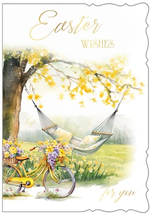 Introduce the spirit of spring with our Open Easter card, a lovely watercolour design from Out of The Blue Studios Ltd. This card presents a serene outdoor scene, featuring a bright yellow bicycle laden with baskets of purple and yellow flowers. An inviting hammock hangs peacefully beneath a tree with golden leaves, set amidst a field of green grass and cheerful daffodils. The elegant "Easter Wishes for you" message adds a thoughtful touch. Available in a pack of 6, these cards are perfect for retailers looking to offer their customers a beautiful and heartwarming way to celebrate Easter.