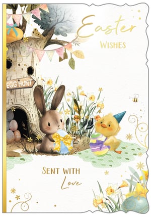 Send the warmest Easter greetings with our delightful 'Open Easter' card! This charming design features an adorable bunny and a cheerful chick, both ready for an egg hunt amidst a vibrant spring scene of daffodils and a whimsical tree stump. Golden 'Easter Wishes' and 'Sent With Love' messages add a touch of elegance, making it truly special. From Out of The Blue Studios Ltd., this beautiful card is perfect for sharing joy this Easter. Each pack contains 6 cards, ensuring you have plenty of lovely greetings for friends and family.