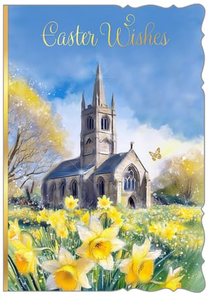 Introduce your customers to the serene beauty of spring with this 'Open Religious' card from Out of The Blue Studios Ltd. This exquisite design, perfect for Easter, features a charming church surrounded by a vibrant field of golden daffodils under a clear blue sky. The elegant 'Easter Wishes' message, rendered in beautiful gold script, adds a touch of warmth and celebration. With sparkling details and a peaceful atmosphere, this card is ideal for sending heartfelt greetings and spreading joy. Each pack contains 6 cards, ensuring you're well-stocked for the season.
