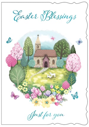 Send heartfelt wishes this Easter with our delightful 'Open Religious' card. This beautifully illustrated design captures the true essence of spring and renewal. A charming church nestles amongst blossoming trees and vibrant spring flowers, with two sweet lambs grazing peacefully in the foreground. Delicate butterflies flutter, adding to the joyful atmosphere.

The elegant 'Easter Blessings' message, complemented by 'Just for you', makes this card perfect for sharing warm sentiments with loved ones. Its serene imagery and gentle colours evoke a sense of peace and hope, making it a truly special way to celebrate the season. A wonderful choice for spreading joy this Easter.