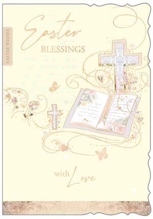 Introduce a touch of serene elegance to your Easter card collection with our 'Open Religious' design from Out of The Blue Studios Ltd. This beautiful card features a delicate cream background adorned with heartfelt 'Easter BLESSINGS' in elegant rose gold script. A prominent cross, intricately patterned, stands beside an open book detailed with soft florals, evoking a sense of peace and spirituality. Subtle swirling accents, charming butterflies, and gentle glitter touches enhance the design, while 'EASTER WISHES' is subtly noted on the side. Finished with a stylish textured rose gold border, this card offers a truly meaningful way for your customers to share their love and blessings. Each pack contains 6 cards, perfect for the thoughtful Easter giver.