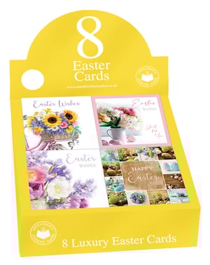Bring joy this Easter with our beautiful 8 Easter Cards Traditional Cello Packs! Each pack contains 8 luxury cards, featuring two delightful designs perfect for sharing with friends and family. You'll discover a wonderful variety of styles, from charming floral bouquets and vibrant sunflowers to elegant Easter egg scenes and heartfelt 'Happy Easter' messages. Crafted from sustainably sourced paper, these cards offer a premium feel and