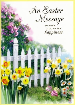 Offer your customers a truly charming way to celebrate the season with our Open Easter greeting cards from Simon Elvin. This delightful design captures the essence of spring, featuring a classic white picket fence surrounded by vibrant yellow daffodils and cheerful daisies. Lush pink blossoms add a touch of beauty to the background, while three beautifully striped Easter eggs nestle in the grass, ready for discovery. The elegant message, "An Easter Message to wish you every happiness," conveys heartfelt warmth. Ideal for retailers seeking a traditional yet fresh Easter offering. Each pack contains 6 cards, ensuring you're well-stocked for the festive period.