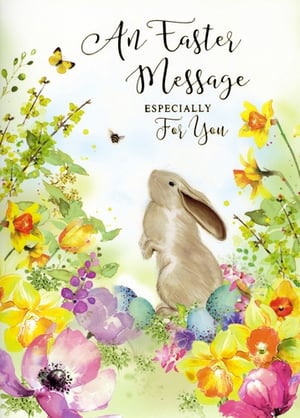 Welcome the season of renewal with this enchanting "Open Easter" card from Simon Elvin. This delightful design captures the essence of spring, featuring an adorable bunny standing amidst a vibrant medley of colourful flowers and charming speckled Easter eggs. A busy bee and a graceful butterfly complete the cheerful scene, making it a truly heartwarming choice for sending special wishes. The sweet message, "An Easter Message ESPECIALLY For You," adds a personal touch. Each wholesale pack contains 6 beautiful cards, ensuring your customers can share the joy of Easter. A perfect addition to your seasonal greeting card collection.