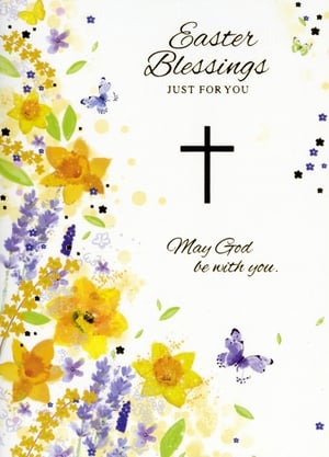 Offer your customers a truly heartwarming way to celebrate Easter with these beautiful 'Open Religious' cards from Simon Elvin. Each wholesale pack contains 6 identical cards, perfect for stocking your shelves.

The design is a delightful blend of spring's finest, featuring cheerful yellow daffodils, delicate purple blossoms, and charming butterflies, all set against a bright, fresh background. A prominent cross symbolises the season's true meaning, complemented by the uplifting messages 'Easter Blessings JUST FOR YOU' and 'May God be with you.' These cards provide a wonderful opportunity for your customers to share blessings and joy. A popular choice for the Easter period, ensuring a meaningful connection with every send.