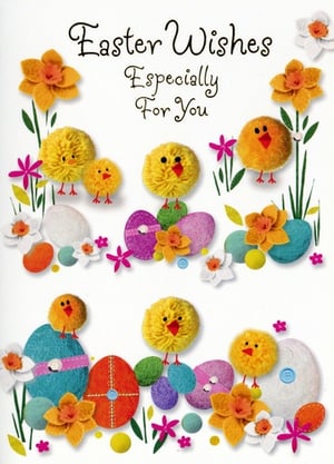 Bring a burst of springtime cheer to your customers with this charming 'Open Easter' card from Simon Elvin. Adorned with adorable fluffy pom-pom chicks, beautifully decorated eggs, and delightful felt flowers, this card exudes a wonderful handcrafted charm. The sweet message, "Easter Wishes Especially For You," is elegantly scripted, making it perfect for sharing heartfelt greetings. Vibrant daffodils, delicate pink blossoms, and fresh green foliage create a truly whimsical scene. Each card is a little work of art, designed to spread joy and capture the spirit of Easter. Stock up on these popular designs, available in a convenient pack of 6, ensuring your shelves are ready for the festive season.
