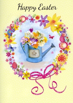 Bring a burst of spring cheer to your customers with our delightful 'Open Easter' card from Simon Elvin. This charming design features a beautiful blue watering can overflowing with a vibrant bouquet of fresh spring flowers, including cheerful daffodils and colourful freesias. The central image is framed by an exquisite floral wreath, adorned with pretty butterflies and decorated Easter eggs, all set against a soft, polka-dotted yellow background. With its warm "Happy Easter" message and bright, inviting colours, this card is perfect for celebrating the season. Available in a convenient pack size of 1x6, it's an ideal choice for your retail offering this Easter.
