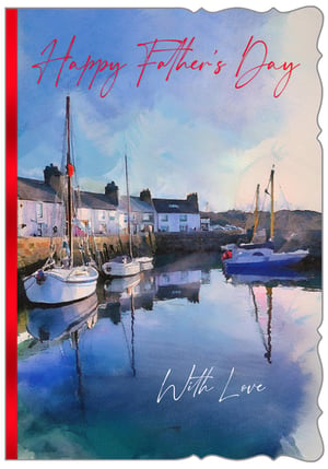 Show your appreciation this Father's Day with this beautiful 'Open Fathers Day' card from Out of The Blue Studios Ltd. Featuring a serene, painted harbour scene, this card captures the tranquil beauty of boats resting on calm, reflective waters, framed by charming waterfront houses. The artistic style, with its soft colours and gentle brushstrokes, creates a truly heartfelt design.
The card is elegantly inscribed with "Happy Father's Day" and "With Love," making it perfect for conveying warm wishes. A subtle red ribbon detail on the side adds a touch of classic charm. This lovely card is sure to make any father feel cherished. Available in a convenient 1x6 pack size for your retail needs.