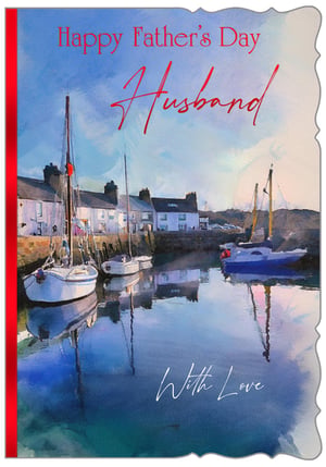 Help your customers celebrate Father's Day with this appealing card, specially designed for a Husband. The front features a tranquil harbour scene, rendered in a beautiful watercolour style. Boats are gently moored in the calm water, reflecting the sky and the charming waterfront houses. The card conveys a warm message: 'Happy Father's Day Husband' and 'With Love', making it a thoughtful choice for the occasion. A decorative wavy edge and a subtle red border enhance its visual appeal. This card is supplied in a convenient pack of 6, ensuring you're well-prepared for the Father's Day rush.