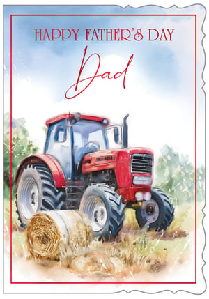 Celebrate Father's Day with this charming card from Out of The Blue Studios Ltd. This delightful design, named 'Dad', features a beautifully rendered watercolour illustration of a classic red tractor in a sun-drenched field, complete with rustic hay bales. It's the perfect choice for dads who appreciate the countryside and a touch of nostalgic charm.

The heartfelt 'Happy Father's Day Dad' message is presented in elegant red script, making this card a truly special way to show appreciation. Each pack contains 6 cards, ready to delight your customers. A wonderful addition to any Father's Day collection, this artistic card is sure to be a popular pick.