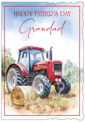 Celebrate Grandad this Father's Day with this charming card from Out of The Blue Studios Ltd. Featuring a beautifully rendered watercolour illustration, the design captures the rustic appeal of a classic red tractor alongside golden hay bales in a sun-drenched field. The warm, nostalgic scene is perfect for showing appreciation to a special Grandad. With 'Happy Father's Day Grandad' elegantly scripted at the top, this card offers a heartfelt message in a delightful package. Ideal for retailers looking to stock high-quality, appealing Father's Day greetings. Available in a convenient pack size of 1x6.