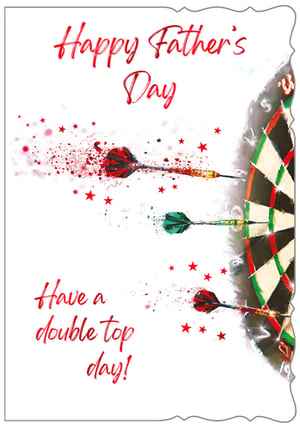 Celebrate Father's Day with our 'Open Fathers Day' card, featuring a lively darts design. This colourful card showcases three darts, with one creating a striking burst of red splatters and stars, adding a real sense of action. The messages "Happy Father's Day" and "Have a double top day!" offer a fun, sporting sentiment that's ideal for many dads.
From Out of The Blue Studios Ltd., this card provides a thoughtful way to celebrate. Available in a practical pack of six, it's a great option for retailers looking to offer something engaging and a little different for the occasion.