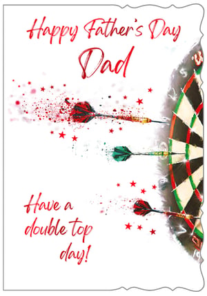 Celebrate Dad with this fantastic Father's Day card from Out of The Blue Studios Ltd. This vibrant design features a dynamic dartboard theme, complete with colourful darts and a playful "Have a double top day!" message. The artistic splatter effect and scattered stars add a modern, energetic touch, making it a standout choice. It's the perfect way to show appreciation for any dad who enjoys a good game or simply loves a unique, heartfelt greeting. Available in a convenient pack size of 1x6, this card is an excellent addition to your Father's Day collection.