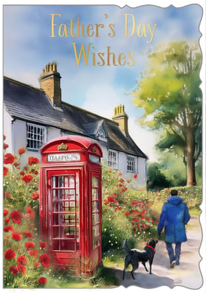 Offer your customers a truly special way to celebrate Father's Day with our 'Open Fathers Day' card, brought to you by Out of The Blue Studios Ltd. This beautifully illustrated card captures the quintessential charm of a British village scene. A classic red telephone box stands proudly amidst a vibrant display of red flowers, with a picturesque cottage in the background. A man and his faithful dog enjoy a peaceful walk, all under a bright blue sky. The golden 'Father's Day Wishes' message adds a heartfelt touch. Each pack contains 6 of these delightful cards, ensuring you're well-stocked for the occasion.