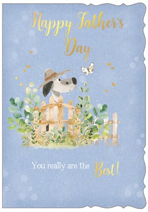 Offer your customers a truly special way to celebrate with our 'Open Fathers Day' card from Out of The Blue Studios Ltd. This charming design features a friendly dog, complete with a hat, peeking over a rustic wooden fence, surrounded by fresh green foliage. A delicate butterfly adds a touch of whimsy to the scene. The heartfelt message, "Happy Father's Day" and "You really are the Best!", is beautifully highlighted in shimmering gold foil against a soft blue background. With its gentle watercolour style and thoughtful details, this card is perfect for expressing love and appreciation. Each pack contains 6 cards, making it a convenient and appealing option for your retail display.