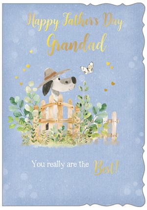 Celebrate Grandad this Father's Day with our charming 'Grandad' card. This delightful design features an adorable dog in a hat peeking over a garden fence, surrounded by lush greenery and a fluttering butterfly. The heartwarming message, 'Happy Father's Day Grandad, You really are the Best!', is beautifully highlighted with elegant gold foil, adding a touch of luxury. Perfect for showing appreciation, this card is sure to bring a smile to any grandad's face. Supplied by Out of The Blue Studios Ltd, each pack contains 6 cards, ready for your customers to discover. A truly lovely choice for the special grandads in their lives.