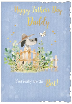 Make this Father's Day extra special with our delightful 'Daddy' card, brought to you by Out of The Blue Studios Ltd. This charming design showcases an adorable dog in a hat, playfully peeking over a rustic fence, surrounded by fresh greenery and a delicate butterfly. The heartfelt message, "Happy Father's Day Daddy, You really are the Best!" shines in elegant gold script against a serene blue backdrop. It's the perfect way to convey warmth and appreciation. Stock up on this lovely card, available in a convenient pack size of 1x6, and offer your customers a truly memorable option for their dads.