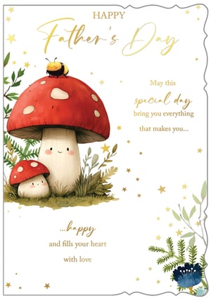 Make Father's Day extra special with this enchanting 'Open Father's Day' card from Out of The Blue Studios Ltd. Featuring an utterly charming illustration of two friendly mushrooms, complete with a buzzing bee atop the larger one, this card is sure to bring a smile.
Delicate gold foil lettering highlights the 'Happy Father's Day' greeting and a heartfelt message inside: 'May this special day bring you everything that makes you... happy and fills your heart with love.' Scattered gold stars add a touch of sparkle to the whimsical design.
Perfect for retailers looking to offer unique and warm Father's Day greetings, these cards come in a convenient pack of six.