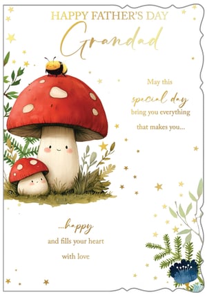 Make Grandad's Father's Day truly special with this enchanting card! Adorned with a delightful scene of friendly mushrooms and a sweet bumblebee, nestled amongst whimsical foliage and shimmering stars, it's designed to bring joy. The elegant gold foil lettering beautifully conveys a heartfelt message: 'May this special day bring you everything that makes you... happy and fills your heart with love.' This charming card is the perfect way to express your love and appreciation, ensuring Grandad feels cherished on his special day.