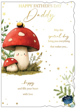 Make Father's Day extra special with this delightful "Daddy" card from Out of The Blue Studios Ltd. This charming card features an endearing illustration of two smiling mushrooms, accompanied by a friendly bee, set amidst lush greenery and sparkling golden stars. The gentle artwork and heartfelt message – "May this special day bring you everything that makes you... happy and fills your heart with love" – create a warm and loving tribute to dads. It's a thoughtful way to show appreciation. Stock up with our convenient pack of 6, perfect for your customers celebrating their wonderful dads.