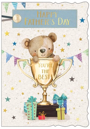 Make Father's Day unforgettable with our delightful "Open Fathers Day" card, supplied by Out of The Blue Studios Ltd. This heartwarming design features an irresistibly cute teddy bear peeking from a shining golden trophy, proudly proclaiming "You're The Best." The vibrant scene is completed with an array of colourful wrapped gifts, playful bunting, and sparkling stars scattered across a textured background. A charming blue banner at the top wishes a "Happy Father's Day," making it the perfect choice to celebrate the number one dad. Available in a convenient 1x6 pack, this card is a must-have for your retail collection, ensuring your customers can express their love and appreciation in the sweetest way.