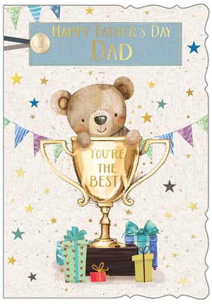 Celebrate the best Dad with this adorable Father's Day card! Featuring a charming teddy bear peeking out of a gleaming golden trophy, proudly declaring "YOU'RE THE BEST", this card is sure to bring a smile. The top banner wishes a "HAPPY FATHER'S DAY DAD" with a special 'number one' medal, highlighting his top-tier status. Surrounded by colourful bunting, scattered stars, and delightful gift boxes, the design creates a warm and festive atmosphere. Perfect for showing appreciation, this sweet card is a wonderful way to tell Dad he's truly special.
Product name: Dad
Pack size: 1x6
Supplier: Out of The Blue Studios Ltd.