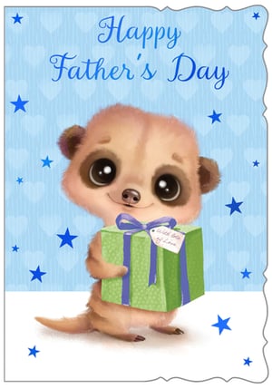 Brighten Father's Day with this delightful 'Open Fathers Day' card from Out of The Blue Studios Ltd. This charming design features an adorable meerkat, with big, expressive eyes, lovingly holding a gift box. Set against a soft blue background adorned with subtle hearts and scattered stars, the clear 'Happy Father's Day' message is sure to resonate. It's a sweet and thoughtful way for customers to show appreciation to their dads. Available in a convenient pack size of 1x6, these cards are a lovely addition to your seasonal offerings.