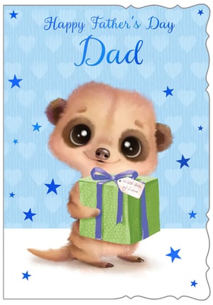 Celebrate Father's Day with this utterly charming card from Out of The Blue Studios Ltd. Featuring an adorable, big-eyed meerkat clutching a beautifully wrapped gift, it's sure to bring a smile to any dad's face. The sweet design, complete with a 'With lots of love' tag, is set against a delightful blue background adorned with subtle hearts and sparkling stars. This heartwarming card, perfect for showing appreciation, is a wonderful choice for Father's Day. Available in a convenient pack size of 1x6, these 'Dad' cards are a must-have for your seasonal collection. Offer your customers a truly special way to say 'Happy Father's Day' with this irresistibly cute design.