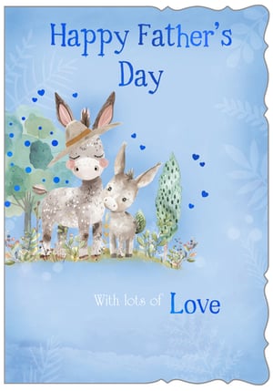 Discover the perfect way to say 'Happy Father's Day' with this heartwarming card from Out of The Blue Studios. Featuring an utterly charming watercolour illustration of a daddy donkey and his sweet foal, nestled amongst gentle greenery and floating blue hearts, it's a truly special design. The soft blue hues and elegant scalloped edge create a serene backdrop for your heartfelt message. This 'Open Fathers Day' card is ideal for any father figure, offering a universal sentiment of love and appreciation. Available in a convenient pack of 6, it's ready to bring smiles this Father's Day.