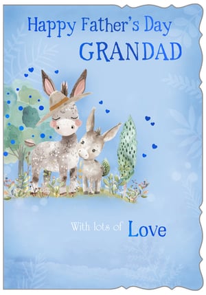 Celebrate Grandad this Father's Day with this utterly charming card from Out of The Blue Studios Ltd. Featuring an adorable watercolour illustration of two sweet donkeys, one wearing a dapper hat, nestled amongst lush greenery and floating blue hearts, it's sure to bring a smile to any Grandad's face. The heartfelt message, "Happy Father's Day GRANDAD" and "With lots of Love," perfectly captures the warmth and affection of the occasion. With its gentle blue hues and delightful design, this card is a wonderful way to show appreciation. Available in a convenient pack of 6, it's an ideal addition to your Father's Day card selection.