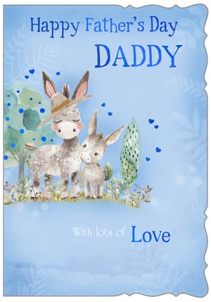 Make Father's Day extra special with our delightful 'Daddy' card, brought to you by Out of The Blue Studios Ltd. This beautifully illustrated card features an adorable daddy donkey, complete with a charming hat, tenderly standing with its sweet little one.
Set against a gentle blue background adorned with subtle foliage and floating blue hearts, the design exudes warmth and love. The heartfelt message, 'Happy Father's Day DADDY' and 'With lots of Love', makes it the perfect way to show appreciation. Stock up with our convenient pack of 6 (1x6) and offer your customers a truly lovely card for their dads.