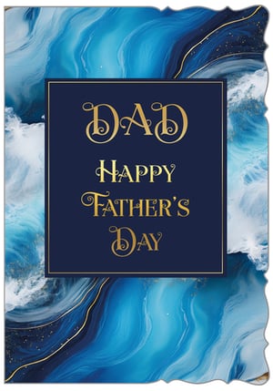 Celebrate Father's Day with this stunning card from Out of The Blue Studios Ltd. Featuring a captivating design, the card showcases a beautiful blend of deep blues and crisp whites, creating an elegant marbled effect reminiscent of swirling waters. Delicate gold lines and subtle shimmering accents add a touch of luxury to the background.

A central navy panel, framed by a fine gold border, proudly displays the heartfelt message "DAD HAPPY FATHER'S DAY" in a decorative, golden script. The card's unique, wavy edge provides a distinctive finish, ensuring it stands out.

This premium card offers a sophisticated way for customers to show their appreciation. Available in a convenient pack size of 1x6, it's a perfect addition to your greeting card range for the upcoming Father's Day celebration.