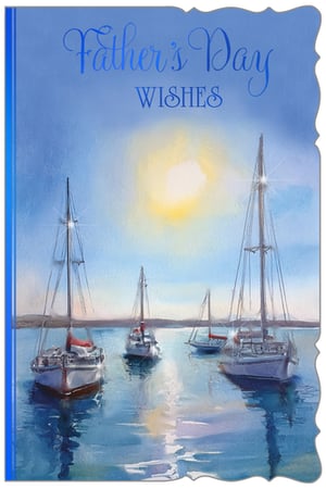 Help your customers celebrate Father's Day with this delightful "Open Fathers Day" card, brought to you by Out of The Blue Studios Ltd. The card showcases a tranquil watercolour scene, depicting several sailboats at rest on calm, shimmering blue waters, bathed in the warm glow of the sun. Elegant script at the top reads "Father's Day Wishes," adding a heartfelt touch. This card is ideal for dads who appreciate the peace of the sea or simply enjoy beautiful artistry. Available in a convenient pack size of 1x6, it's a wonderful addition to your greeting card selection, offering a thoughtful and visually appealing option for this special occasion.