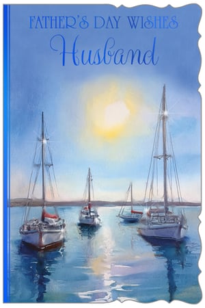 Celebrate Father's Day with this beautiful card, thoughtfully designed for Husbands. Featuring a serene watercolour scene of sailboats gently gliding on calm, sunlit waters, this card evokes a sense of peace and cherished moments. The vibrant blues and warm glow of the sun create a truly captivating design, perfect for expressing love and appreciation. This card is sure to make his day extra special. Supplied by Out of The Blue Studios Ltd., each pack contains 6 cards, ensuring you're well-stocked for the season. A wonderful choice for retailers seeking quality Father's Day greetings.