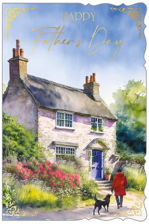 Offer a truly special greeting this Father's Day with our Open Fathers Day card, from Out of The Blue Studios Ltd. This delightful watercolour design showcases a picturesque cottage nestled amidst a vibrant, blooming garden. A serene path invites a person and their loyal dog for a peaceful stroll, evoking a sense of calm and cherished moments. The elegant "Happy Father's Day" message, beautifully rendered in gold script, adds a touch of classic appeal. With its warm artistry and heartfelt sentiment, this card is a wonderful choice for any dad. Available in a convenient pack of 6, it's an excellent addition to your retail collection, ready to bring joy to customers.