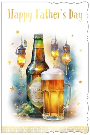 Celebrate Dad with our "Open Fathers Day" card from Out of The Blue Studios Ltd. This delightful card features a beautifully illustrated beer bottle and a frothy pint, surrounded by warm, glowing lanterns and sparkling stars. The golden "Happy Father's Day" message adds a touch of elegance. Perfect for any beer-loving dad, this card captures a cosy, celebratory atmosphere. Stock up on this charming design, available in a convenient pack size of 1x6, and help your customers make Father's Day extra special.