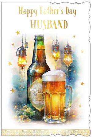 Raise a toast to your wonderful husband this Father's Day with this delightful card! Featuring a classic beer bottle and a frothy pint, beautifully illuminated by warm, glowing lanterns and sparkling stars, it's the perfect way to show your appreciation.
This 'Husband' card captures a cosy, celebratory vibe, making it an ideal choice for Father's Day. Stock up with our convenient pack of 6, ensuring you have plenty of these charming greetings for your customers. A truly special card for a truly special man.