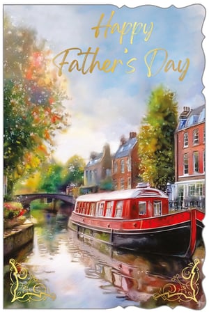 Celebrate Father's Day with this truly charming greeting card from Out of The Blue Studios Ltd. The card features a beautiful, serene canal scene, capturing the essence of a peaceful day out. A vibrant red narrowboat takes centre stage, surrounded by picturesque historic buildings, lush green trees, and a quaint bridge, all rendered in a delightful, painterly style. The heartfelt message 'Happy Father's Day' shines in elegant gold foil, adding a touch of luxury and making it a truly special card. Perfect for showing appreciation, this 'Open Fathers Day' card is a wonderful choice for any dad. Available in a convenient pack size of 1x6, it’s ready to bring joy to your customers.