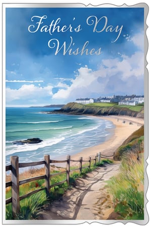 Introduce your customers to the serene beauty of our 'Open Fathers Day' card, a truly picturesque choice for celebrating dads. This stunning card from Out of The Blue Studios Ltd. features an idyllic coastal scene, complete with a tranquil sandy beach, sparkling turquoise waters, and charming white-washed buildings nestled along the cliffs. The elegant 'Father's Day Wishes' script adds a touch of sophistication to this heartwarming design. Perfect for conveying warmth and appreciation, this card is sure to stand out. Available in a convenient pack size of 1x6, it's an essential addition to your Father's Day collection.