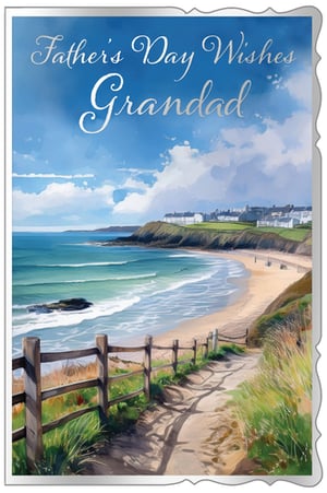 Show your Grandad how much he means to you this Father's Day with this beautiful card from Out of The Blue Studios Ltd. Featuring a stunning coastal scene, complete with a tranquil sandy beach, sparkling turquoise waters, and a picturesque clifftop path, it's the perfect way to send your love. The elegant silver script wishes 'Father's Day Wishes Grandad' against a serene blue sky, making this card truly special. Each pack contains 6 of these delightful cards, ready for your customers to share with their beloved grandads.