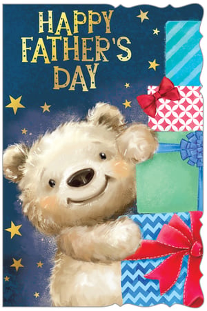 Celebrate Father's Day with this delightful "Open Fathers Day" card, brought to you by Out of The Blue Studios Ltd. This charming design showcases an irresistibly cute, fluffy bear, peeking with a big smile from behind a vibrant stack of beautifully wrapped gifts. Adorned with colourful bows and playful patterns, these presents are set against a deep blue, star-filled background. The golden "HAPPY FATHER'S DAY" message adds a touch of sparkle, while the card's unique die-cut edge creates an eye-catching finish. A truly heartwarming choice for customers wanting to show their appreciation. Available in a handy pack of 6, perfect for your retail selection.