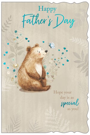 Make Father's Day extra special with this delightful card from Out of The Blue Studios Ltd. It features a charming illustration of a gentle bear, captivated by a delicate butterfly, set against a backdrop of subtle foliage and floating blue hearts. The warm message, "Happy Father's Day," is beautifully complemented by "Hope your day is as special as you!" This thoughtful design is perfect for expressing love and appreciation. Stock up with this lovely card, available in a convenient pack of 6, ready for your customers to share with their amazing dads.