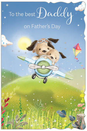 Celebrate Father's Day with this heartwarming card, featuring an adorable duo of fluffy dogs on an airborne adventure. The larger dog, wearing aviator goggles, lovingly pilots a small aeroplane with a smaller companion, beautifully illustrating the special bond between a father and child.
Against a backdrop of sunny skies, a colourful kite, and lush green hills sparkling with stars, this card, titled 'Daddy', is designed to bring joy. The sweet message, "To the best Daddy on Father's Day," makes it a perfect choice for your customers. These delightful cards are available in convenient packs of six, ready to add a touch of whimsy to your Father's Day offerings.