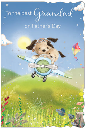 This delightful 'Grandad' card from Out of The Blue Studios Ltd is the perfect way to celebrate Father's Day. Featuring two adorable dogs soaring through a sunny sky in their little biplane, it's sure to bring a smile to any Grandad's face. The larger dog, complete with aviator goggles, lovingly carries a smaller pup, symbolising the special bond between generations. With its vibrant colours, sparkling details, and heartfelt message, this charming card is a wonderful choice. Available in a convenient pack of 6, it’s ideal for your retail display.