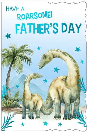 Make Father's Day truly 'roarsome' with our delightful Open Fathers Day card! This charming design features a heartwarming illustration of two friendly long-necked dinosaurs, a parent and child, set against a prehistoric landscape with lush palm trees and distant mountains. Adorned with playful blue stars and the fun message "HAVE A ROARSOME! FATHER'S DAY", this card is perfect for any dad who loves dinosaurs or a sweet message from their little one. The beautiful watercolour style adds a touch of warmth and appeal. Stock up on this popular design from Out of The Blue Studios Ltd to ensure your customers have the perfect card for their dino-loving dads.
Product name: Open Fathers Day
Pack size: 1x6
Supplier: Out of The Blue Studios Ltd