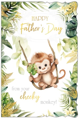 Celebrate Father's Day with this utterly charming card, 'Open Fathers Day', from Out of The Blue Studios Ltd. This delightful design features an irresistibly cute monkey swinging happily amidst lush green and golden foliage, ready to deliver a heartfelt message. The elegant gold lettering proclaims 'Happy Father's Day from your cheeky monkey!', making it a perfect choice for any loving child. With its beautiful watercolour style and decorative edge, this card offers a truly special way to show appreciation. Supplied in a convenient pack of 6, it's an ideal addition to your retail collection, promising smiles all around.